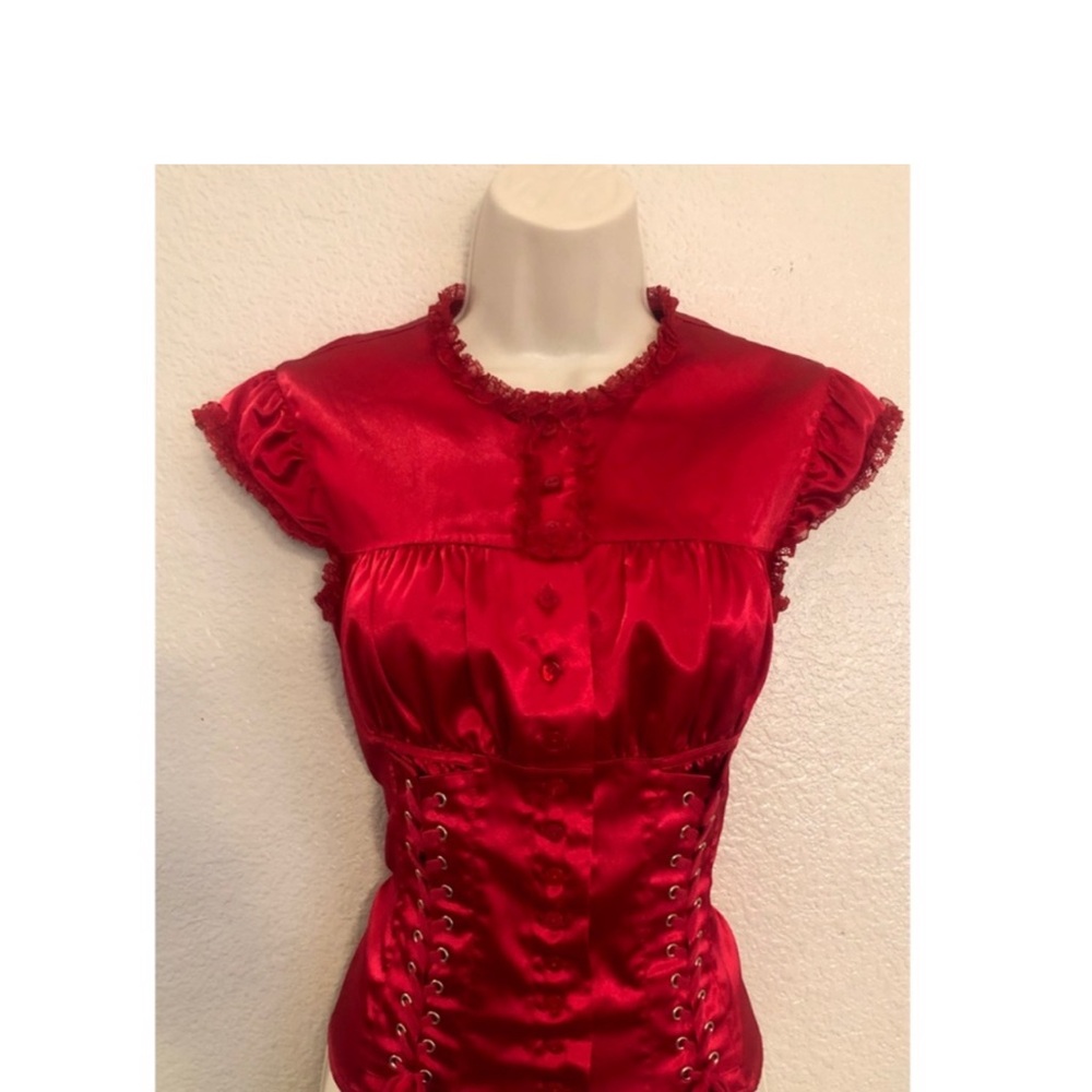 Moda International Red Ruffled Bib Collar Blouse